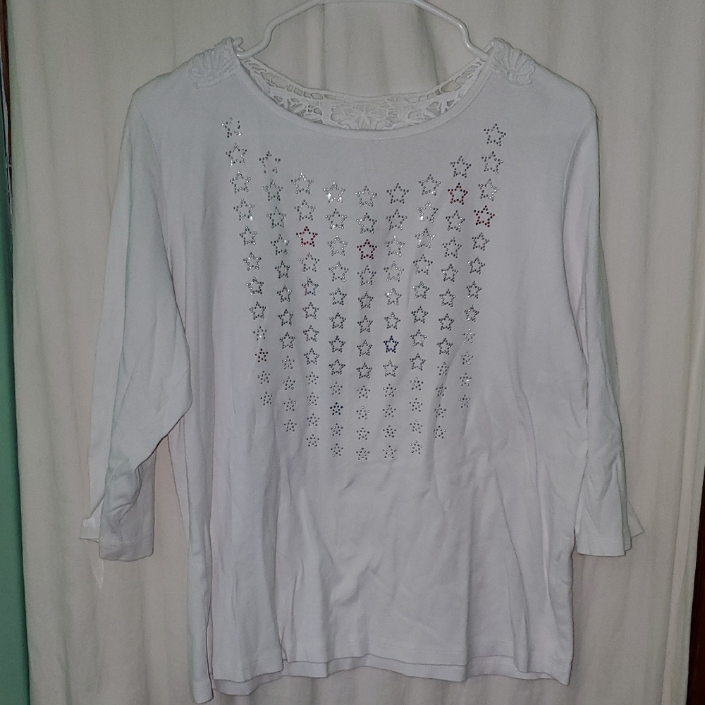 Vintage Y2k Sparkly Bedazzled Patriotic Stars Lace 3/4 Sleeve Top